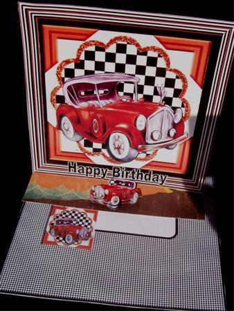 Burnt Orange Vintage Car with Chequered Frame 8x8 by Rayleen Bailey
