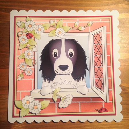 8 x 8 Mini Kit with 3d Decoupage - Through the Window - Little Springer Spaniel Dog Blue by Rebecca Ruff