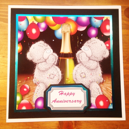Celebration card front with balloons and tatty teddy by Rebecca Ruff