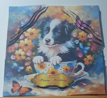 Cute Collie Dog In A Teacup 7x7 Card Kit. Matching Box, Gift Bauble,Tag by rebecca  Weates