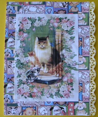 Vintage Cat with Kittens in Rose Frame by Redonda Haddock
