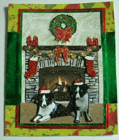 Border Collie Puppies Christmas Fire Place Scene by Redonda Haddock