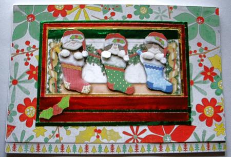 3 Christmas Kitties in Stockings Decoupage by Redonda Haddock