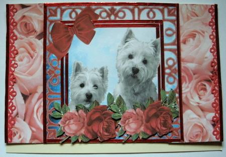 Cute Westies with Roses and Big Red Bow 8x8 by Redonda Haddock