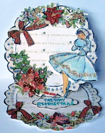 Christmas Lady in White Scalloped Round Easel Card by Redonda Haddock
