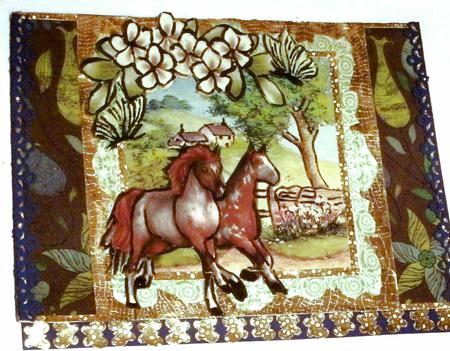 Pretty Cotswold Cottages in the Meadow with Horses 8x8 by Redonda Haddock