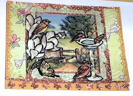 Pretty Birds in the Spring with Meadows and Cottages 8x8 by Redonda Haddock