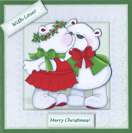 6 x 6 Kissing Xmas Bears Lace & Pearls Decoupage Card Topper by Rhonda Young