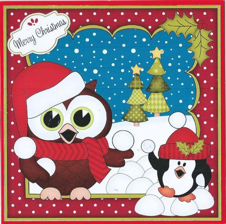 8x8 Xmas Little Hoot Owl Snowball Fight 3D Decoupage by Rhonda Young