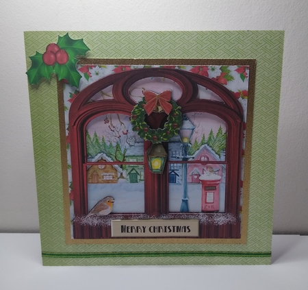 Christmas window scene topper with robins and lantern for 6x6 card by Roseanna Miles