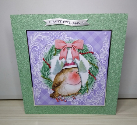 Cosy Robin in hat topper for 6x6 card by Roseanna Miles