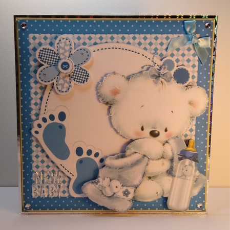 White Bear with blue blanket, footsteps/bottle 8x8 by Roseanna Miles