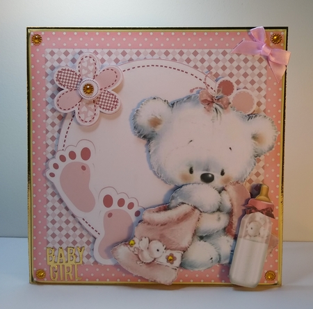White Bear with pink blanket, footsteps/bottle 8x8 (girl) by Roseanna Miles