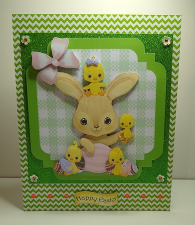 Green Check with border  8x8 card front with easter bunny & chicks by Roseanna Miles