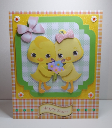 Green Check with border  8x8 card front with cute chicks & bows by Roseanna Miles