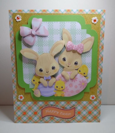 Green Check with border  8x8 card front easter bunny family & eggs by Roseanna Miles