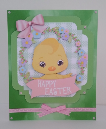 Green Check with border  8x8 card front chick & bows by Roseanna Miles