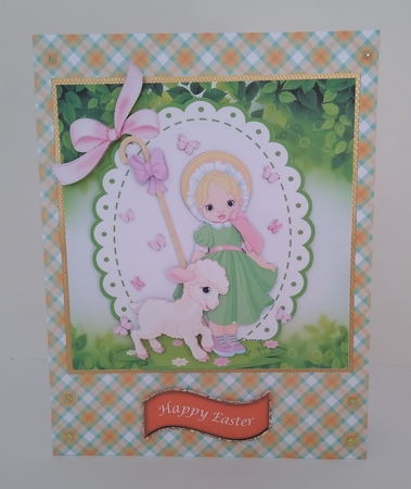 Little Girl with lamb in  7x7 frame with bow by Roseanna Miles