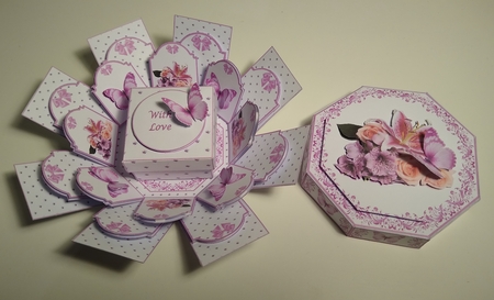 Lily, rose and butterfly octagonal exploding box card with matching gift box by Roseanna Miles
