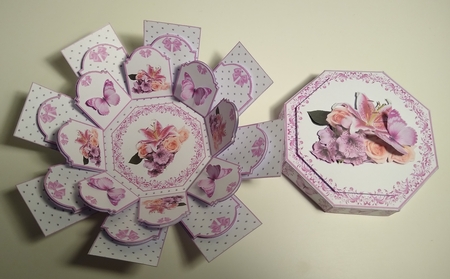 Lily, rose and butterfly octagonal exploding box card with matching gift box by Roseanna Miles
