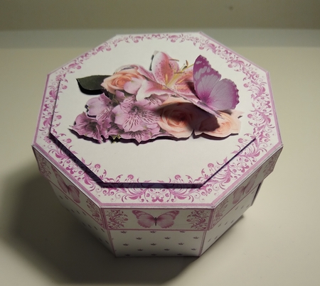 Lily, rose and butterfly octagonal exploding box card with matching gift box by Roseanna Miles