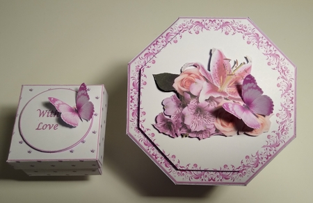 Lily, rose and butterfly octagonal exploding box card with matching gift box by Roseanna Miles