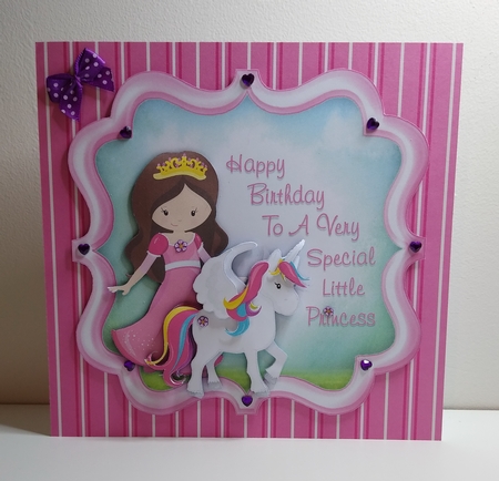 Brunette Birthday Princess And Unicorn - 7 x 7 Card Topper & Decoupage by Roseanna Miles