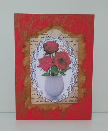 red roses in a vase roses on a script tag with bow by Roseanna Miles