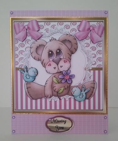 Lovely bear with flowers and bows on lace with little birds 8x8 by Roseanna Miles