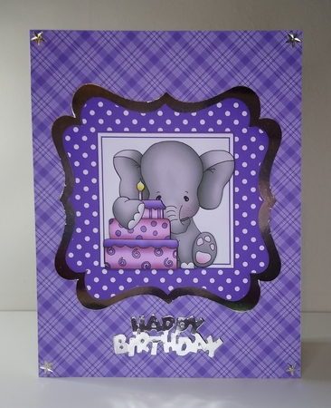 Cute elephant with birthday cake  and purple bows 7x7 by Roseanna Miles