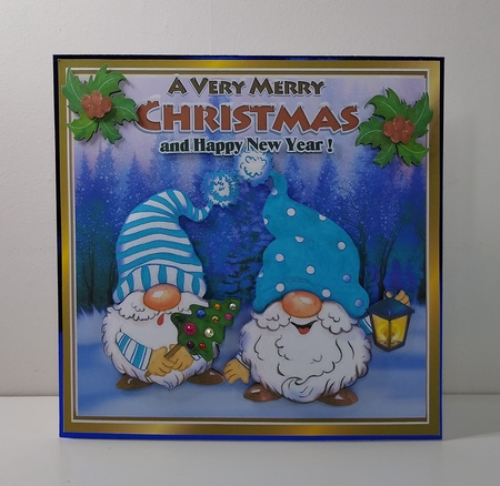 Cute gnomes in turq in snow scene with holly 8x8 by Roseanna Miles