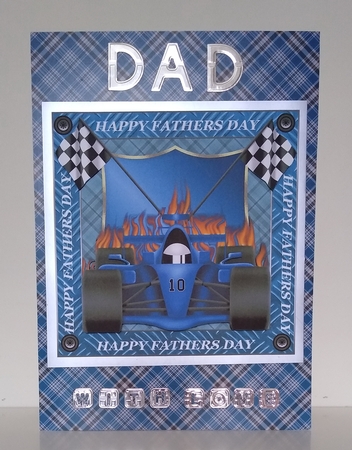 3 Blue racing car Fathers Day card front/toppers by Roseanna Miles
