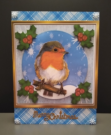 Lovely robin on a branch with snow and holly 8x8 by Roseanna Miles