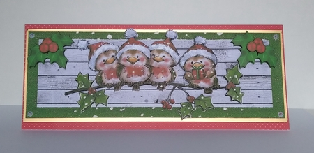 cute robins on a branch in santa hats DL (green) by Roseanna Miles