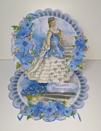 Victorian Lady in Blue Scalloped Round Easel Card by Roseanna Miles