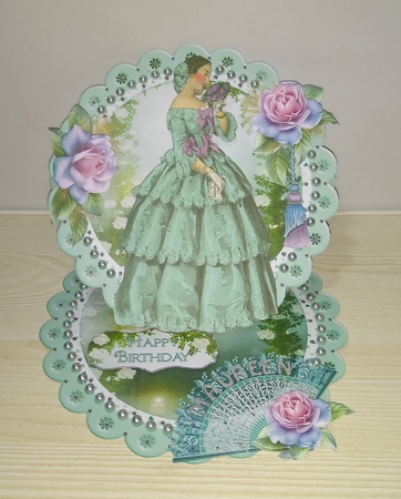 Victorian Lady Pretty Posy Scalloped Round Easel Card by Roseanna Miles
