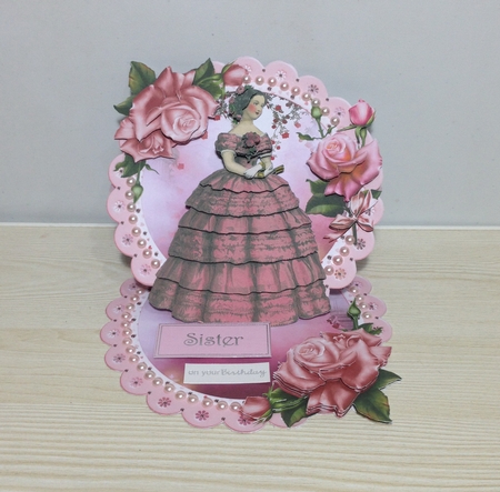 Victorian Lady Flower Garden Scalloped Round Easel Card by Roseanna Miles