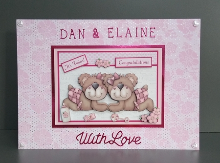 New Baby twins card with teddy bears, bottle, flowers, rattle, bow & soother by Roseanna Miles