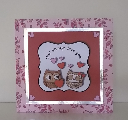 Cute valentine card with owls and hearts for 6 x 6 card by Roseanna Miles