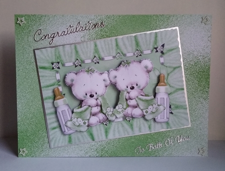 Congratulations twins (green)! cute baby bears with snuggle blankets by Roseanna Miles