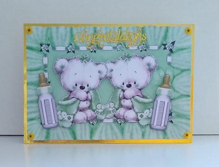 Congratulations twins (green)! cute baby bears with snuggle blankets A4 by Roseanna Miles