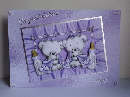 Congratulations twins (lilac)! cute baby bears with snuggle blankets by Roseanna Miles