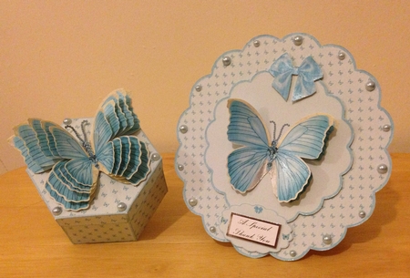 Hexagonal butterfly box and rocker card (blue) by Roseanna Miles