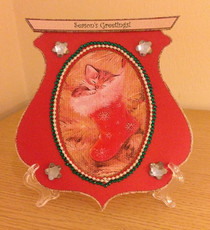 Vintage Christmas Kitten Qua-trefoil Shaped Card by Roseanna Miles