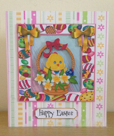 Cute little easter chick in basket with daffodils 5x5 by Roseanna Miles