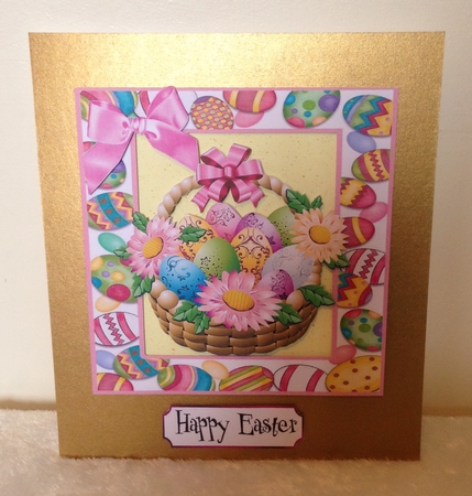 Basket of flowers and easter egss with bow 5x5 by Roseanna Miles