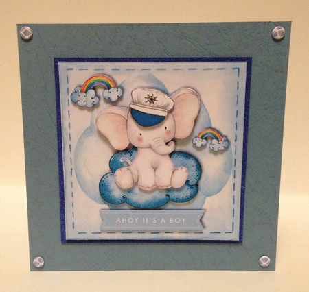 Ahoy New Baby boy card topper for 6 x 6 card with elephant on cloud by Roseanna Miles