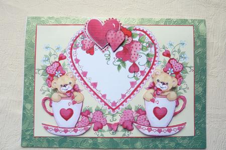 Teacup Teddy Bears & Hearts A4 Over the Edge Card by Rosina Walker