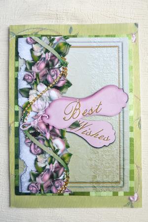 Best Wishes Pink Green Rose Decoupage Sheet by Rosina Walker