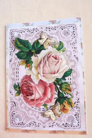 Roses on Ecru Lace with Pearls,a4 Topper by Rosina Walker